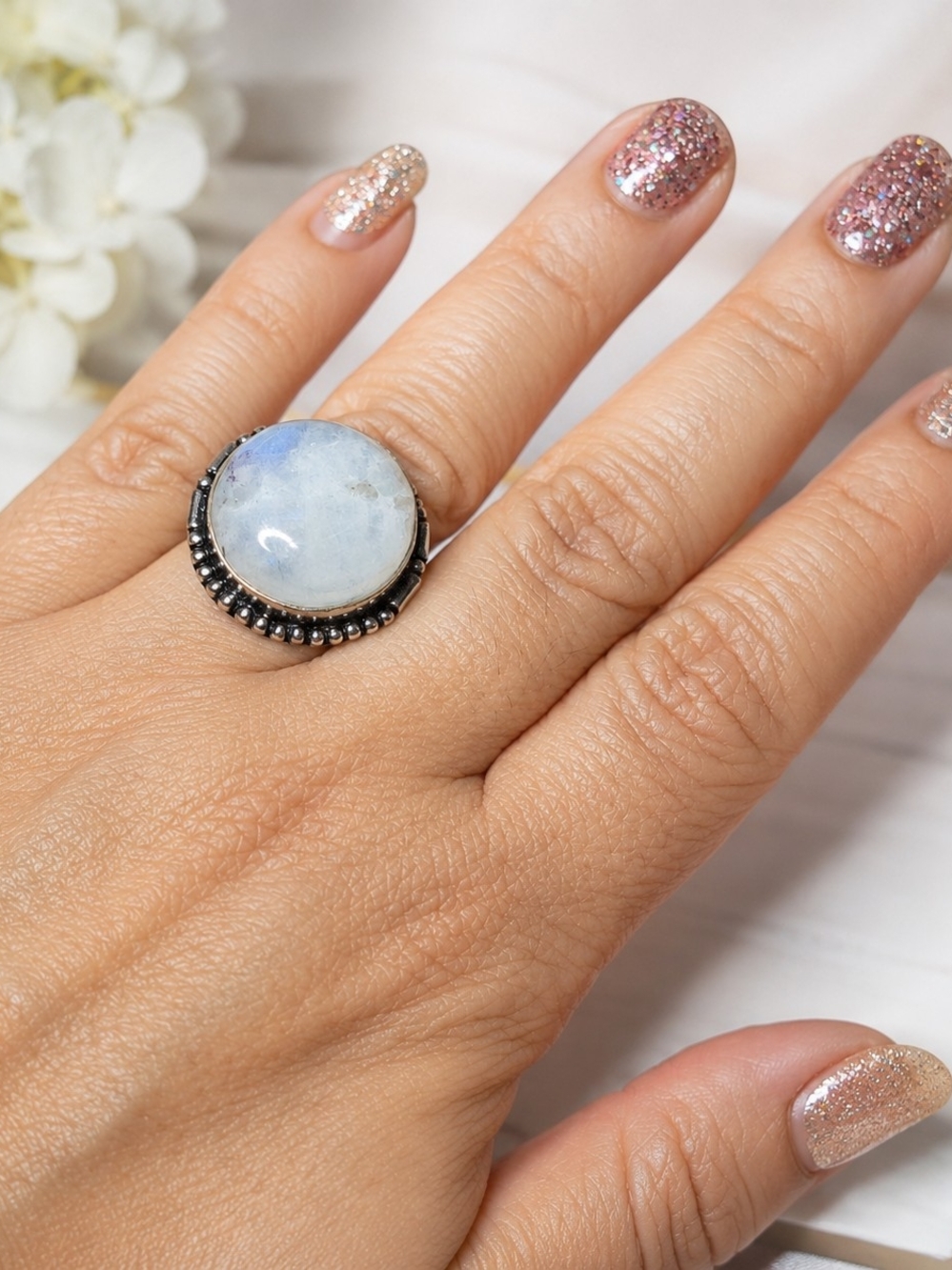 925 Sterling Silver Moonstone Ring Size 6.5 Large Oval Cabochon Statement